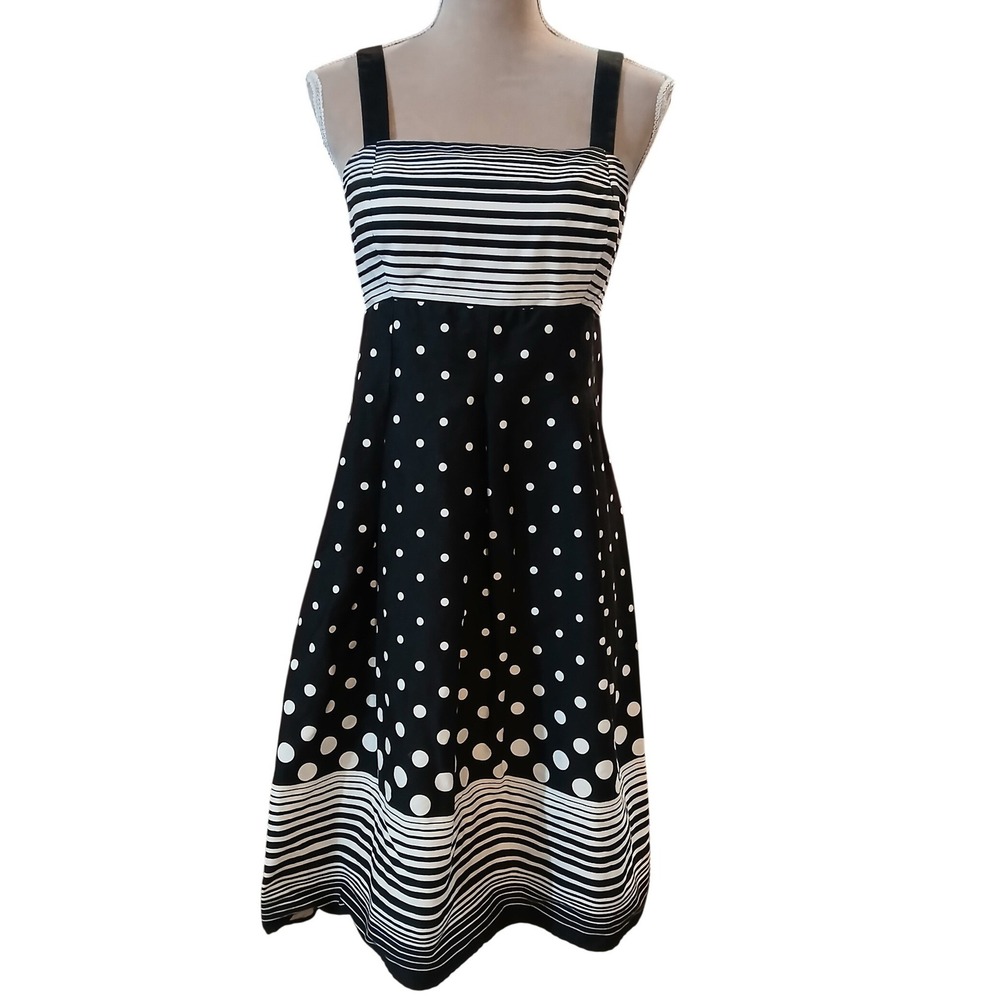 Black and White Polka Dot and Striped A-Line Dress with Smocked Back and Straps